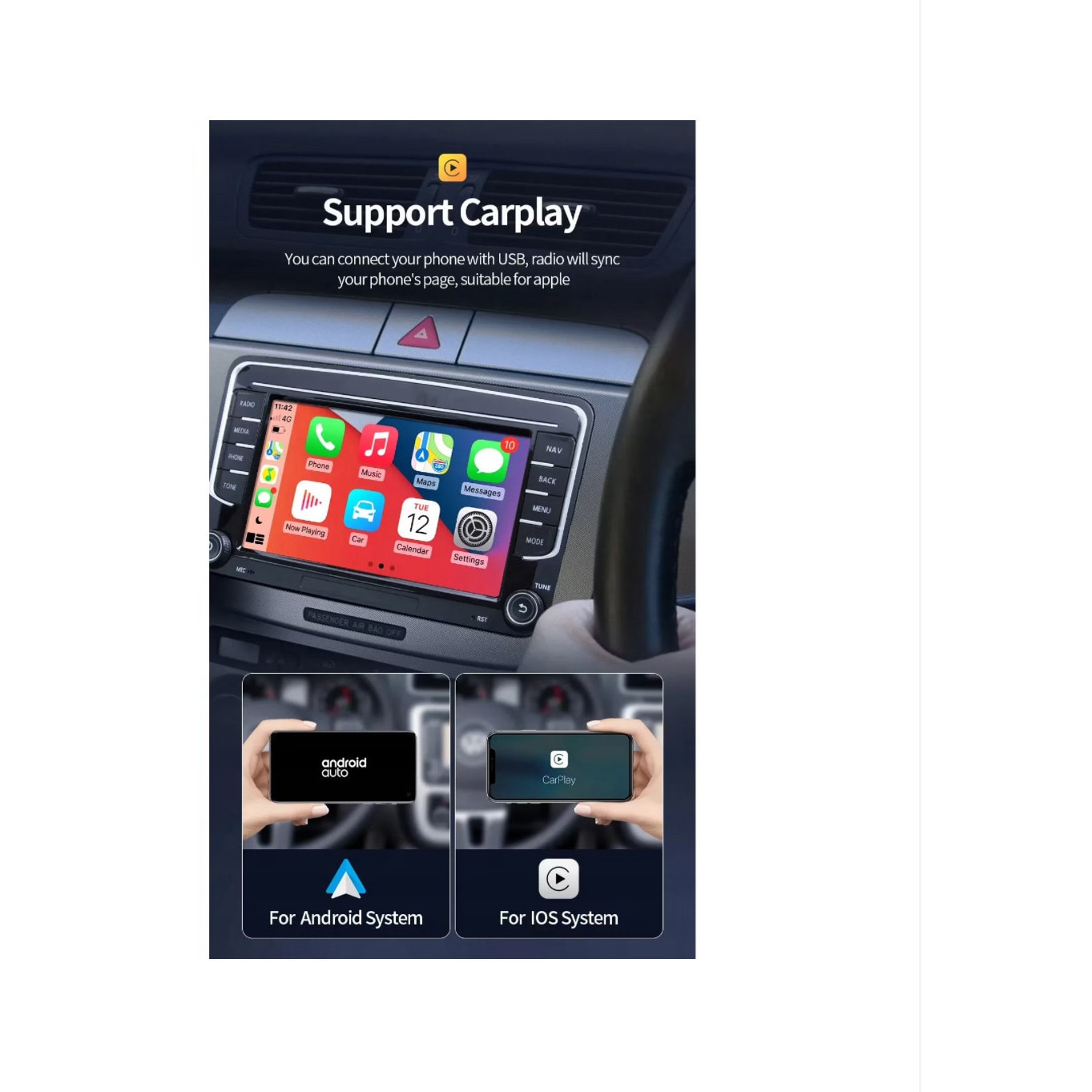 Navigatie VW Golf Polo Passat b7 b6 SEAT leon Skoda, Ecran 7 inch, Android 13, Carplay, 2GB RAM + 32 GB ROM, Aplicatii, Waze, Wi Fi, Usb, Bluetooth [3]