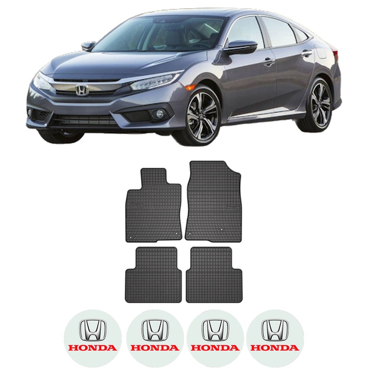 Set covorase presuri HONDA CIVIC X Hatchback (FC_, FK_) din 2017-2022, auto, din cauciuc thermoplastic, 4 Stickere auto cu HONDA