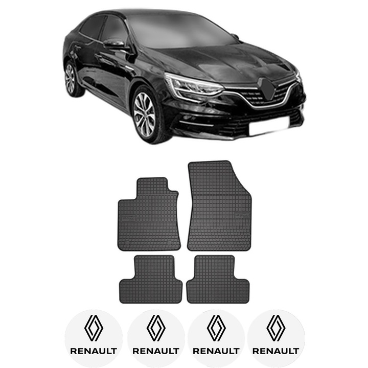 Set covorase presuri RENAULT MEGANE IV Saloon din 2016-2019, auto, din cauciuc thermoplastic, 4 Stickere auto cu RENAULT