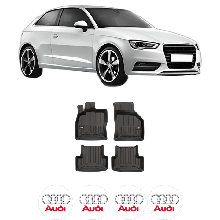 Set covorase presuri AUDI A3 (8V1, 8VK) din 2012-2020, auto, din cauciuc thermoplastic, 4 Stickere auto cu AUDI