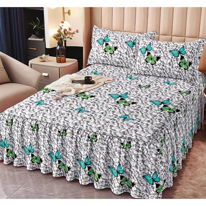 Set Lenjerie de Pat din Bumbac tip Finet, cu Volanase, 3 Piese, pentu Pat Dublu, cu 2 Fete de Perna Incluse