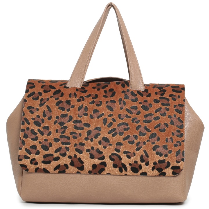 Geantă mare tip shopper cu geantă mică inclusă, print leopard, taupe, 39x32x14 cm