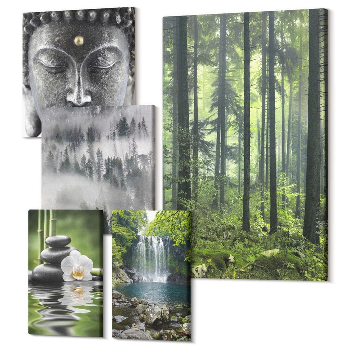 Set tablouri modulare, Wallfluent, Armonia naturii, 5 piese, 2x20x30cm + 2x30x30cm + 40x60cm, decorativ, multicolor