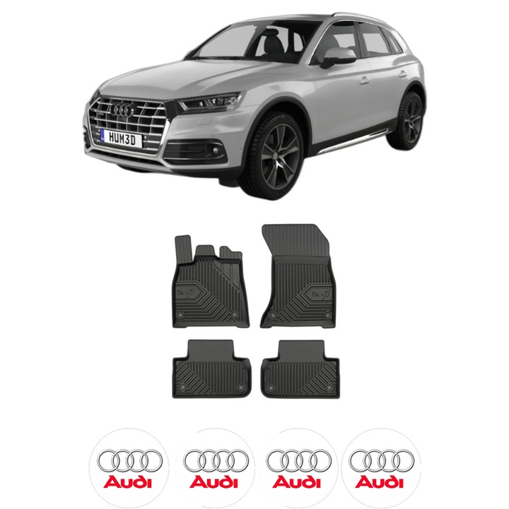 Set covorase presuri AUDI Q5 (FYB, FYG) din 2016-2021, auto, din cauciuc thermoplastic, 4 Stickere auto cu AUDI