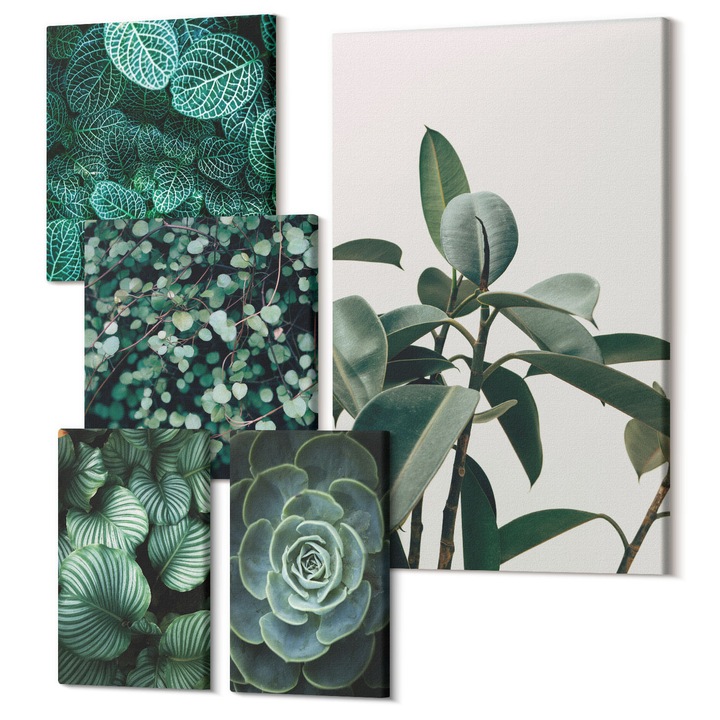 Set tablouri, Wallfluent, păduri verzi, ape cristaline, 5 piese, 2x20x30cm + 2x30x30cm + 40x60cm