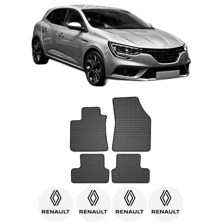 Set covorase presuri RENAULT MEGANE IV Hatchback (B9A/M/N_) din 2015-2021, auto, din cauciuc thermoplastic, 4 Stickere auto cu RENAULT