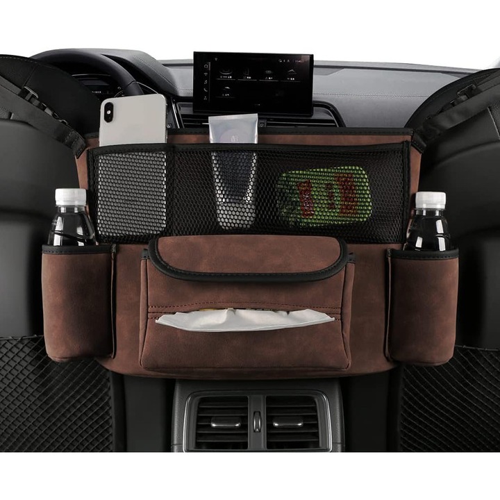Organizator intre scaune auto NextWave®️, suport pretios cu 5 compartimente, material suede & piele ecologica, capacitate mare, dimensiuni 36×25×22 cm, Maro