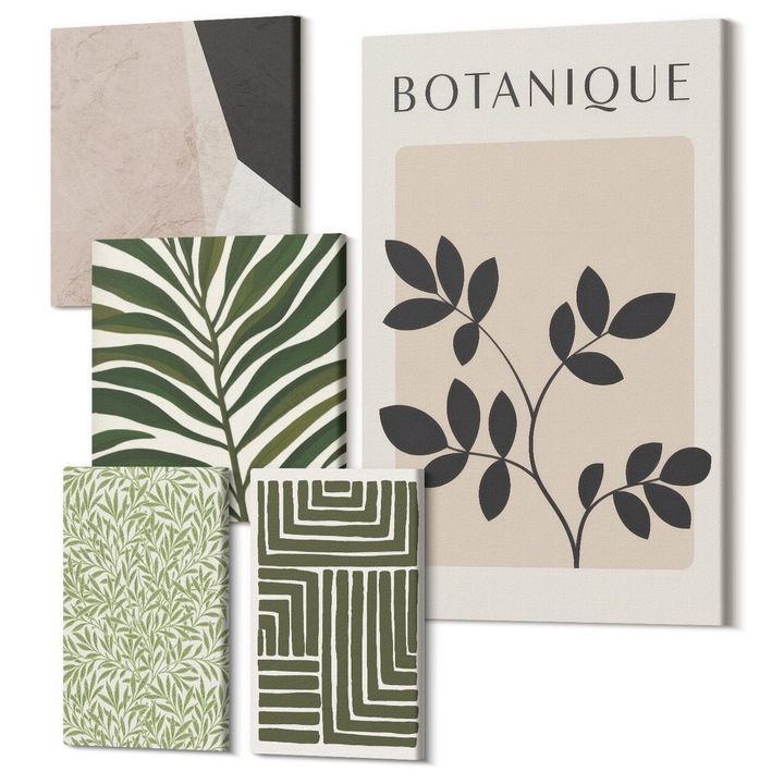 Set tablouri modulare, Wallfluent, compozitii botanice boho, 5 piese, 20x30cm, 30x30cm, 40x60cm, decorativ, modern