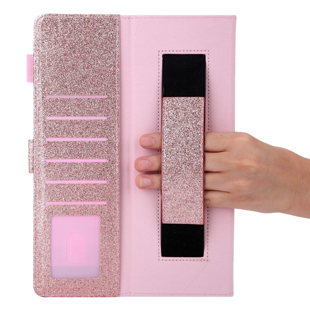 Etui portofel pentru iPad Mini 6 (2021), roz, cu brocart, functie auto wake/sleep, dimensiuni 20x30cm