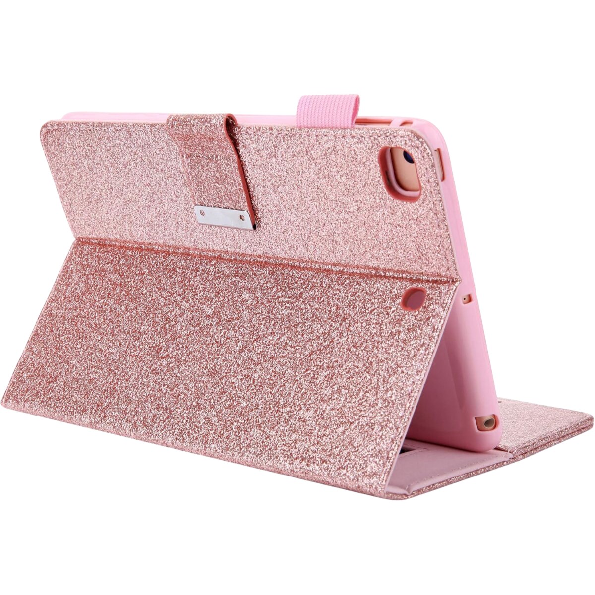 Etui portofel pentru iPad Mini 6 (2021), roz, cu brocart, functie auto wake/sleep, dimensiuni 20x30cm