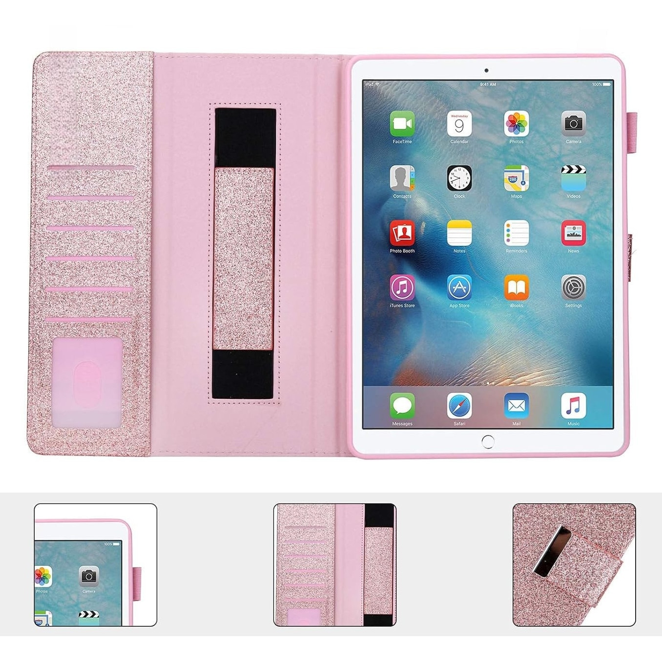 Etui portofel pentru iPad Mini 6 (2021), roz, cu brocart, functie auto wake/sleep, dimensiuni 20x30cm