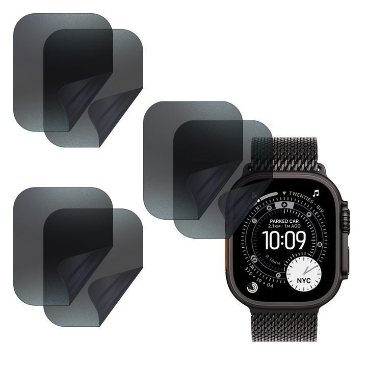 Set 6x Folii de Protectie Privacy pentru Apple Watch Ultra 3, Silicon Hydrogel Regenerabil, Flexible Hydro-Crystal, Instalare Usoara, Optim Full Protection, Negru