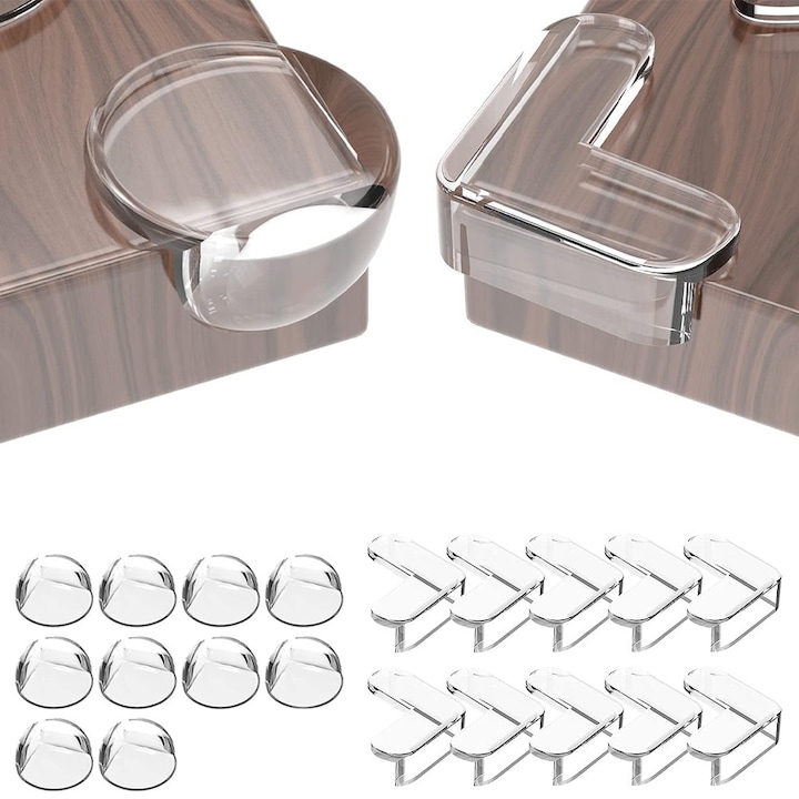 Set 20 Protectii Colturi Mobilier MONDESA®, Siguranta Copii, Silicon Transparent Moale, Previne Lovituri si Accidente, Fixare Rapida cu Adeziv, Design Discret, Usor de Montat si Inlaturat