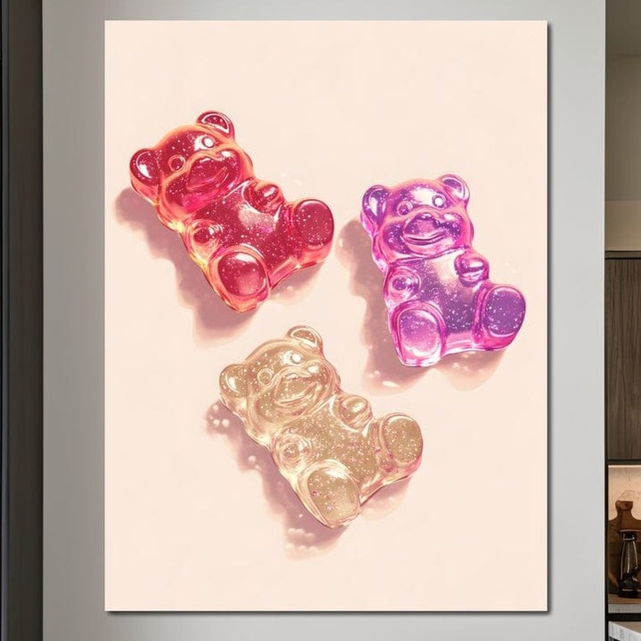 Tablou Canvas Premium, LuxCanva® N1048, Un Trio Dulce, 100 X 135 CM, Panza Bumbac 100% 400g/m2, Sasiu Lemn, Ursuleti, Jeleuri, Dulce, Copilarie, Desert, Stralucitor, Candy, Mini, Colorat, Camera Copil, Restaurant, Bucatarie