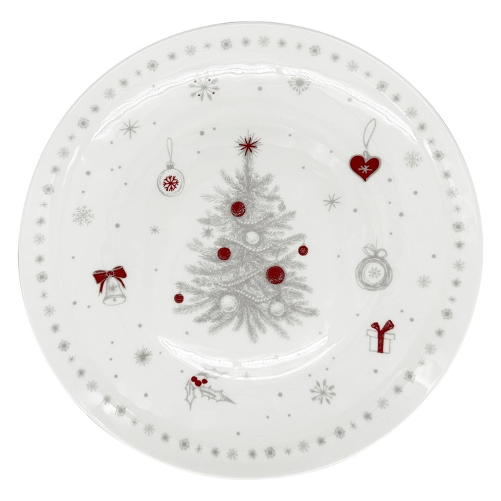 Farfurie din portelan Luna Koleda, 28 cm, alb-rosu-gri, design festiv cu brad si fulgi de zapada