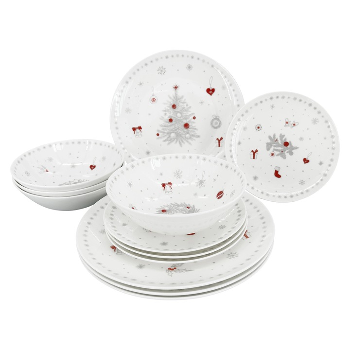 Set 12 piese servire masa Luna Koleda, alb/rosu/gri, pentru 4 persoane