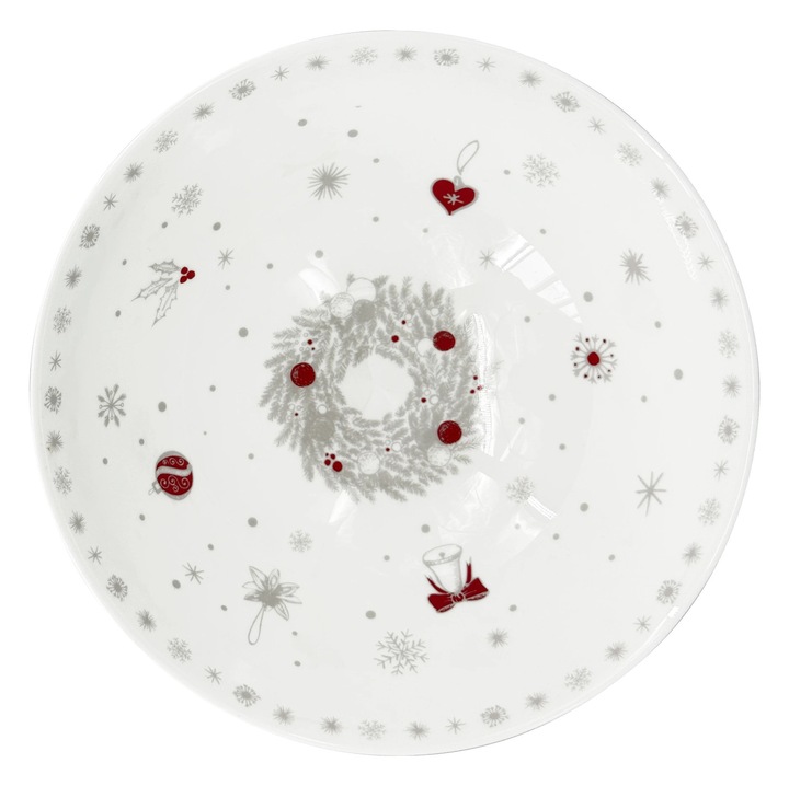 Bol din portelan Luna Koleda, by inspire, 18,5cm, alb/gri/rosu, decor festiv cu motive de iarna
