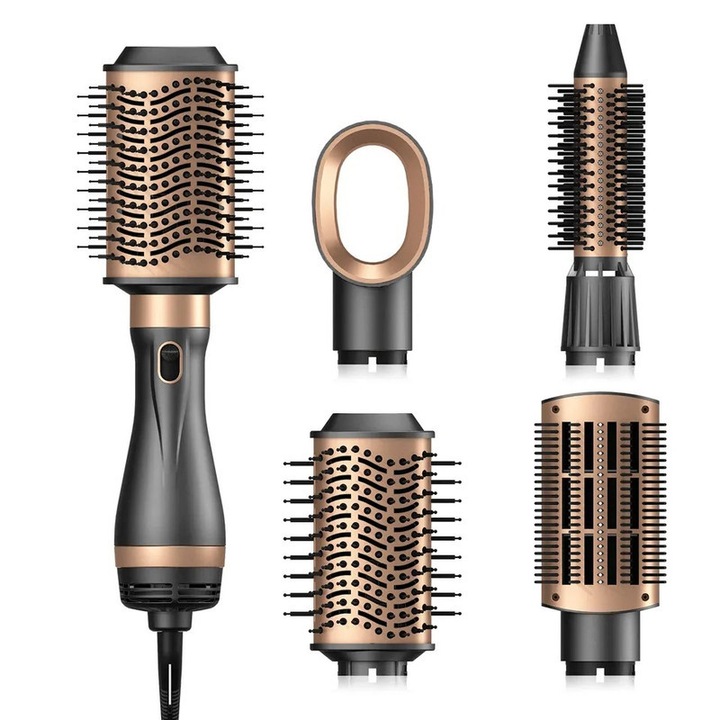 Perie de Par Electrica, 4 In 1, SeveShop®, Styler Portabil, Perie Rotativa cu 3 Trepte Viteza, 2 Setari Temperatura, Aer Rece, Nylon Anti-Incalcare, Perie Electrica cu Uscare Rapida Si Stilizare, 1000W, Perie Par Pentru Orice Tip De Par, Negru Auriu