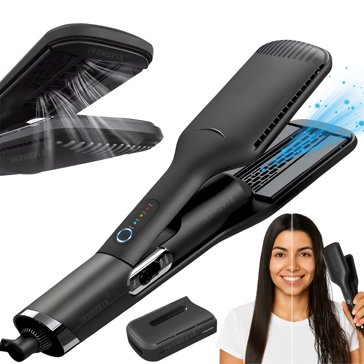 Placa de indreptat parul, Placa de par 2 in 1 cu aer cald, INOMEVIX®, Uscare si indreptare simultana, Pentru par umed si uscat, Placi ceramice flexibile, 3 trepte de temperatura, Tehnologie ionica, Placa profesionala pentru coafare rapida si par neted