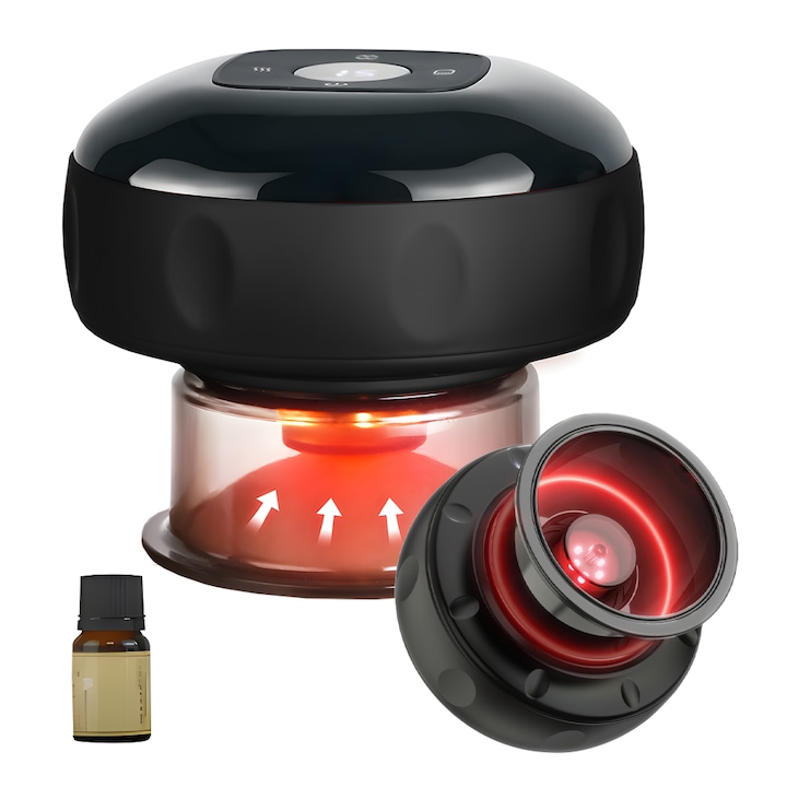 Електрически масажор Teno®, тип вендуза, 12 нива на загряване и налягане, насърчава кръвообращението, за масаж/тонизиране/лимфен дренаж, батерия 1800 mAh, USB зареждане, включено етерично масло, черен