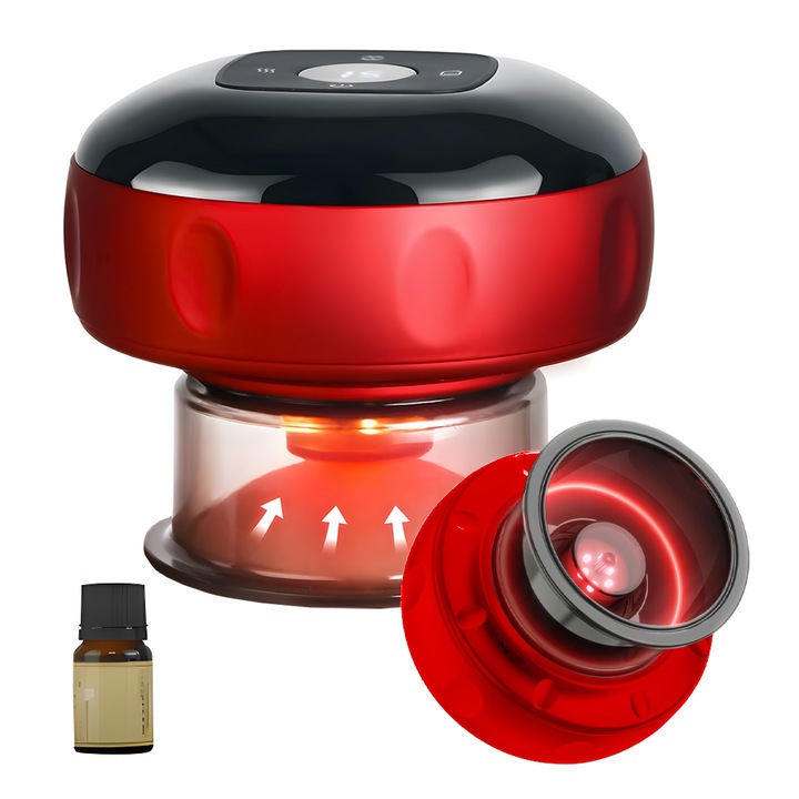 Електрически апарат за масаж Teno®, тип вендуза, 12 нива на загряване и налягане, насърчава кръвообращението, за масаж/тонизиране/лимфен дренаж, батерия 1800 mAh, USB зареждане, включено етерично масло, червен