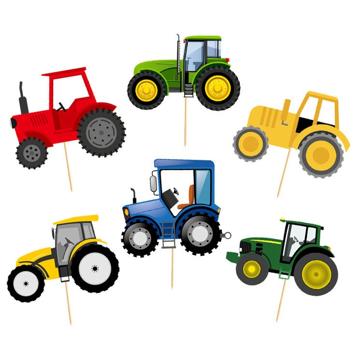 Set 6 x Toppere pentru tort PartyPro, model tractoare, 7x8cm