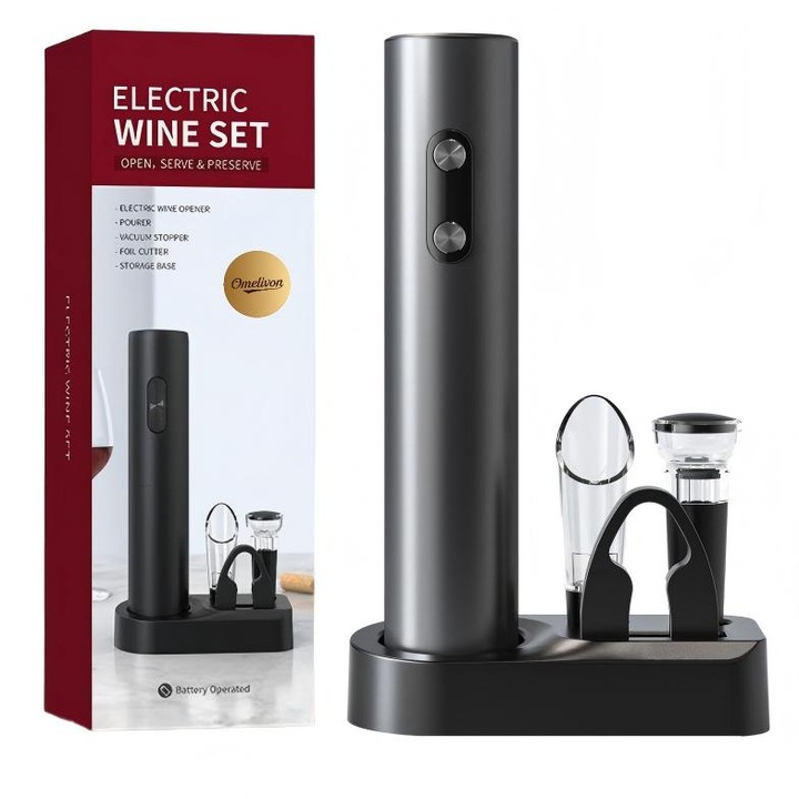 Set 5 piese, deschizator electric de sticle de vin rosu, Omelivon®，accesorii taiat folie si aerator, negru
