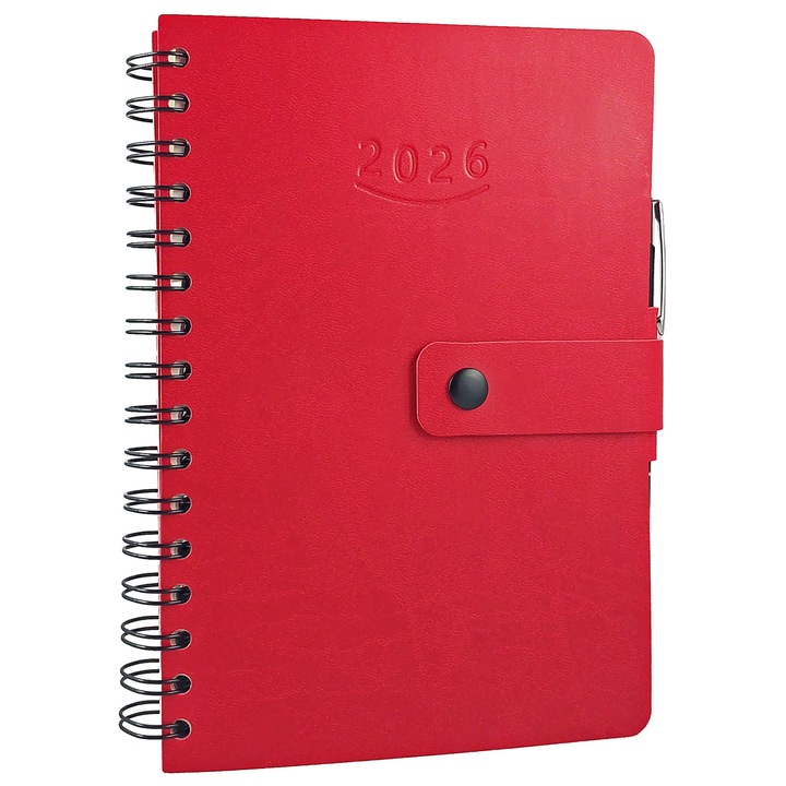 Agenda datata 2026, format A5, 15 x 21 cm, 360 pagini, cu o zi lucratoare pe pagina, cu coperta flexibila, din piele ecologica rosie, inchidere cu clapa, legata cu spira, cu pix si buzunar interior