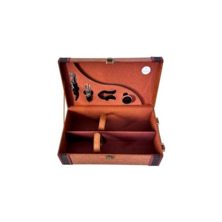 Elegáns Fine Wine tok, ökobőrből, boros kiegészítőkkel, fogantyúval, két palack kapacitással, Barna, Velve