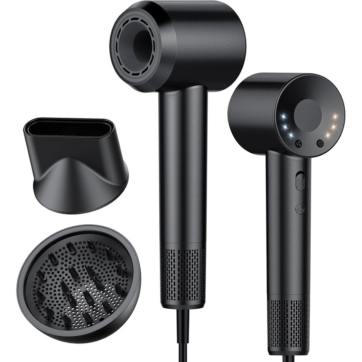 Професионален йонен сешоар 2600W, безчетков мотор, 3 скорости, 4 температури, с дифузер и аксесоари, сив