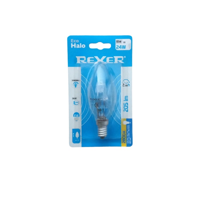 Bec halogen Halo Rexer EcoHalo, 18W (echivalent 24W), E14, 205 lm, lumina calda, 2800K
