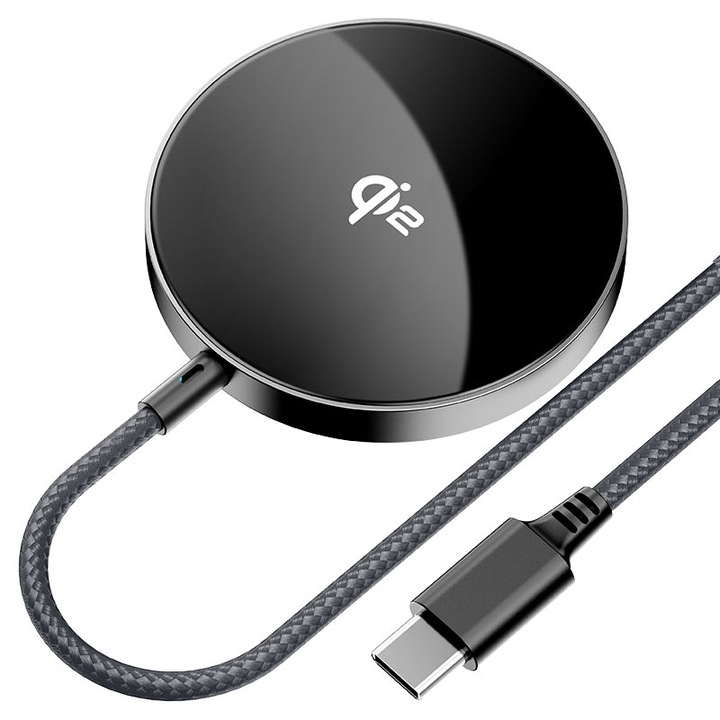 Qi2 vezeték nélküli mágneses töltő, Type-C, 15W, 2.25A, 1.2m, L36, Metálszürke