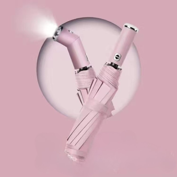 Автоматичен чадър с LED, с 10 спици, Ветроустойчив, Водоустойчив слой, Регулируема и въртяща се дръжка, Розов