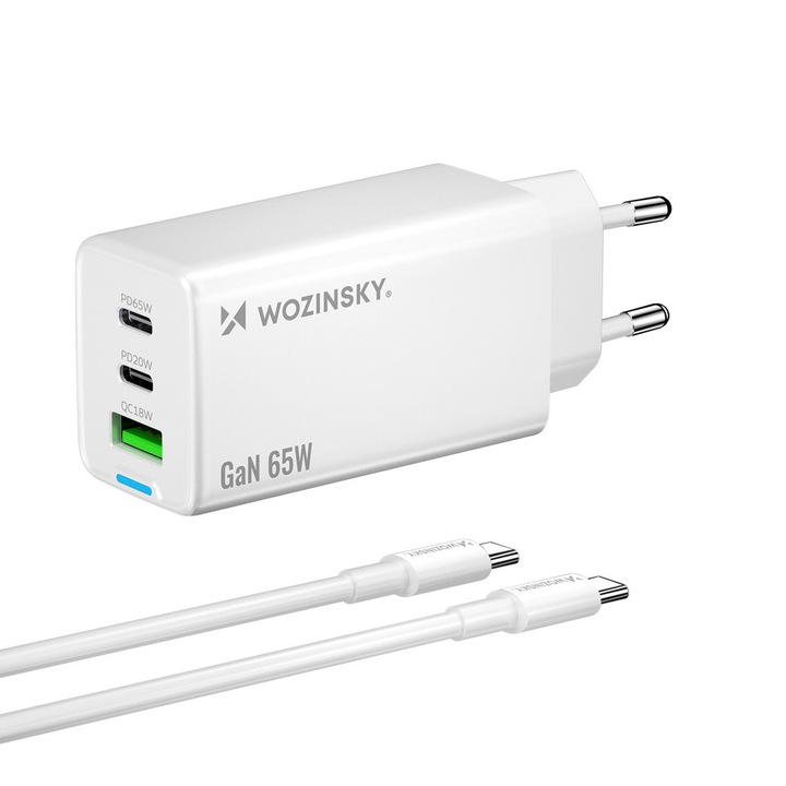 Dudao A29C hálózati töltő, 2x USB-C, 1x USB-A, 65W, 1m-es USB-C kábel mellékelve, Fehér