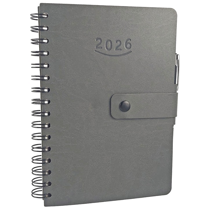 Agenda datata 2026, format A5, 15 x 21 cm, 360 pagini, cu o zi lucratoare pe pagina, cu coperta flexibila, din piele ecologica gri, inchidere cu clapa, legata cu spira, cu pix si buzunar interior