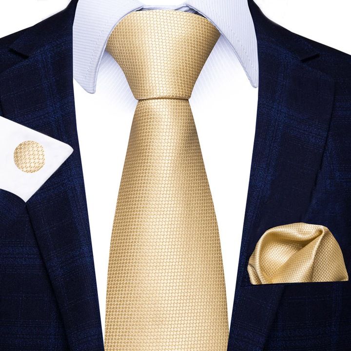 Set Cravata Aurie 100% Matase pentru Barbati, Batista si Butoni - Handmade Cadou Clasic si Elegant