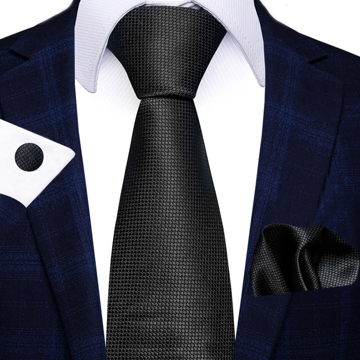 Set Cravata Neagra 100% Matase pentru Barbati, Batista si Butoni - Handmade Cadou Clasic si Elegant