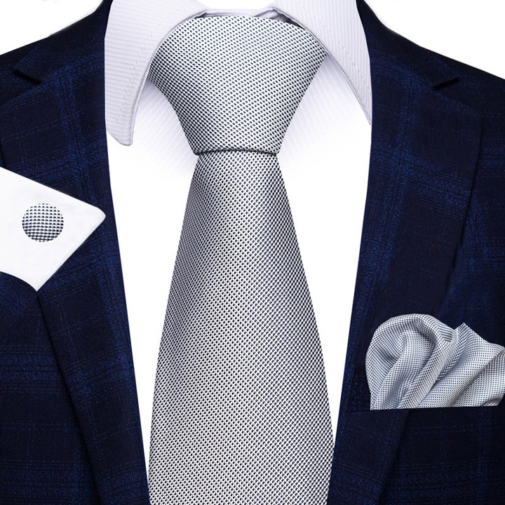 Set Cravata Argintie 100% Matase pentru Barbati, Batista si Butoni - Handmade Cadou Clasic si Elegant