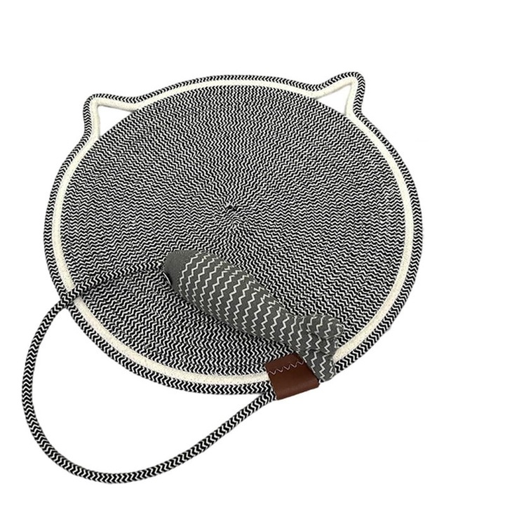 Постелка за игра за котки, TERYJN Памучна въжена постелка с интерактивна топка, неплъзгащ се дизайн, сива