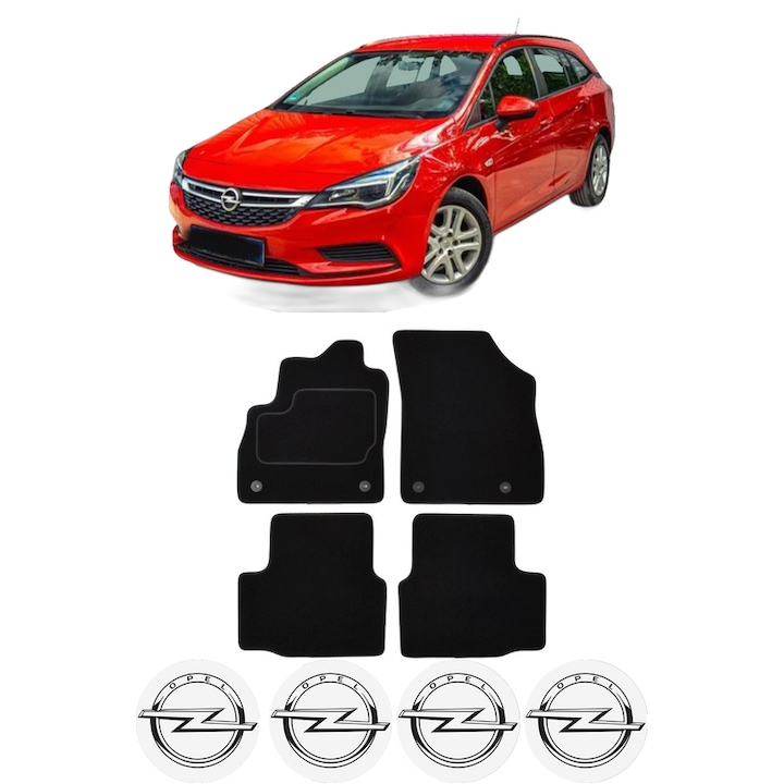 Set Covorase Presuri OPEL ASTRA K (B16) din 2015-2022, Auto, Material Textil Mocheta, 4 Stickere auto cu OPEL