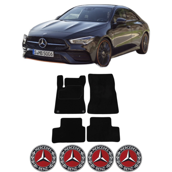 Set Covorase pentru MERCEDES-BENZ CLA (C118) din 2019-2020, Auto, Material Textil, 4 Stickere auto cu MERCEDES-BENZ