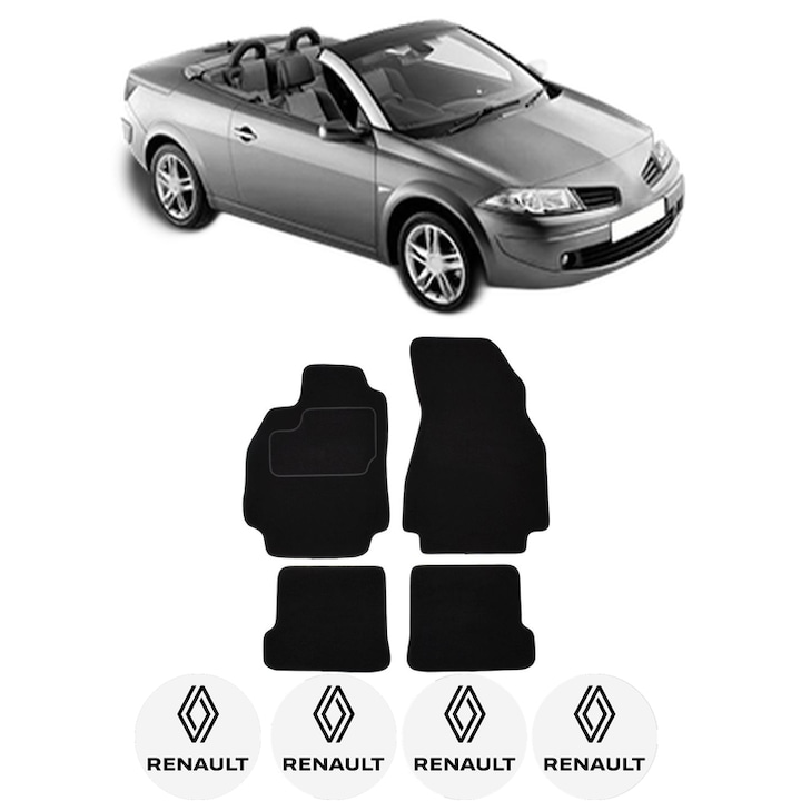 Set Covorase Presuri RENAULT MEGANE II Coupé-Cabriolet (EM0/1_) din 2003-2009, Auto, Material Textil Mocheta, 4 Stickere auto cu RENAULT