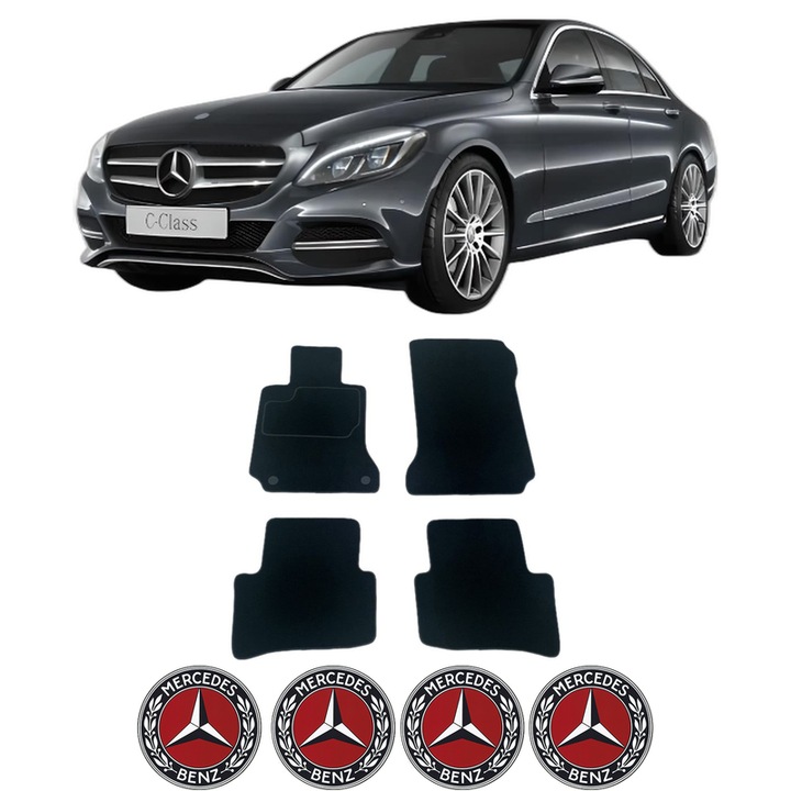 Set Covorase Presuri MERCEDES-BENZ C-CLASS (W205) din 2013-2021, Auto, Material Textil Mocheta, 4 Stickere auto cu MERCEDES-BENZ