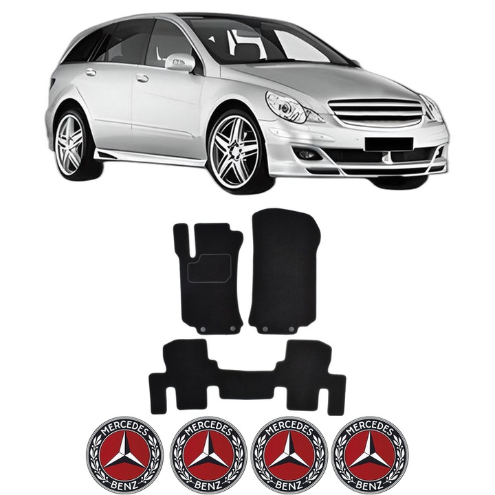 Set Covorase Presuri MERCEDES-BENZ R-CLASS (W251, V251) din 2005-2014, Auto, Material Textil Mocheta, 4 Stickere auto cu MERCEDES-BENZ