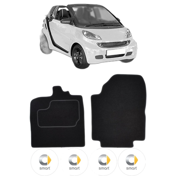 Set Covorase Presuri SMART FORTWO Cabrio (451) din 2007-2013, Auto, Material Textil Mocheta, 4 Stickere auto cu SMART
