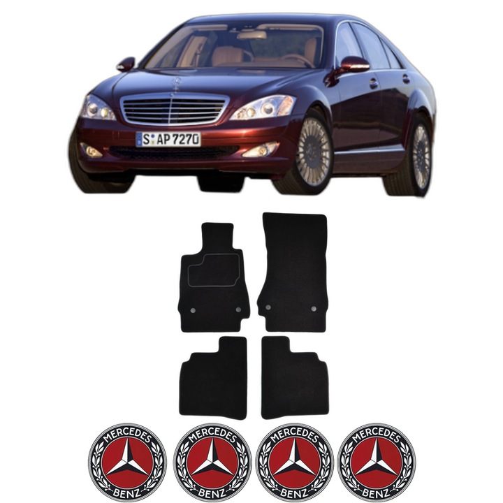 Set Covorase Presuri MERCEDES-BENZ S-CLASS (W221, V221) din 2005-2013, Auto, Material Textil Mocheta, 4 Stickere auto cu MERCEDES-BENZ
