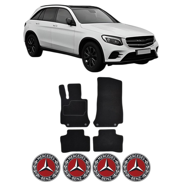 Set Covorase Presuri MERCEDES-BENZ GLC (X253) din 2015-2022, Auto, Material Textil Mocheta, 4 Stickere auto cu MERCEDES-BENZ