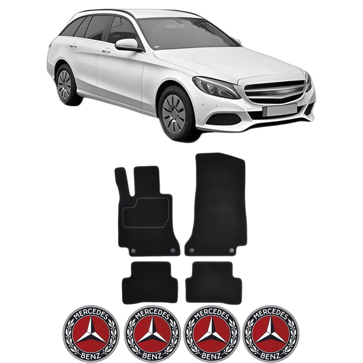Set Covorase Presuri MERCEDES-BENZ C-CLASS T-Model (S205) din 2014-2021, Auto, Material Textil Mocheta, 4 Stickere auto cu MERCEDES-BENZ