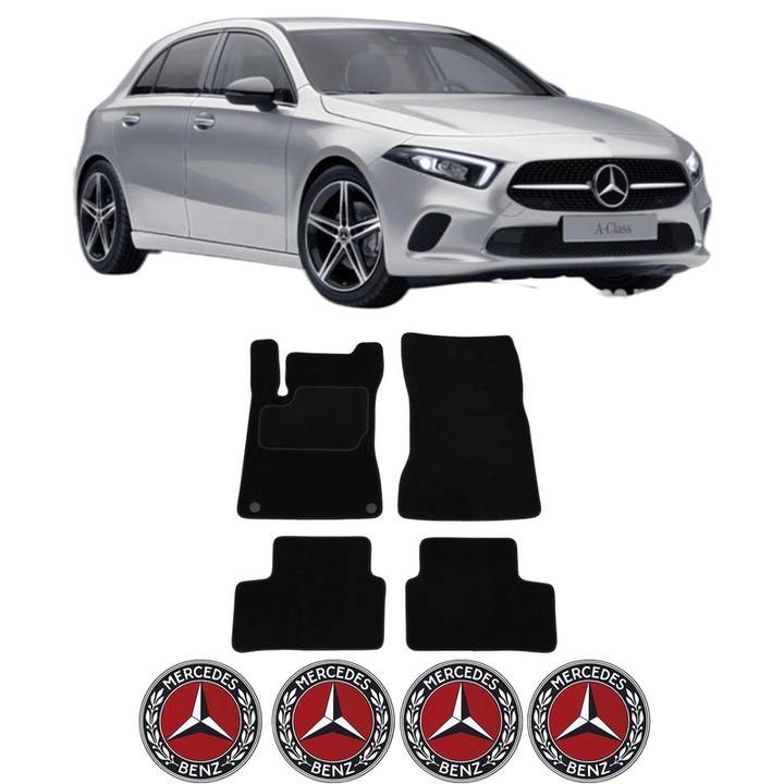 Set Covorase Presuri MERCEDES-BENZ A-CLASS (W177) din 2018-2020, Auto, Material Textil Mocheta, 4 Stickere auto cu MERCEDES-BENZ