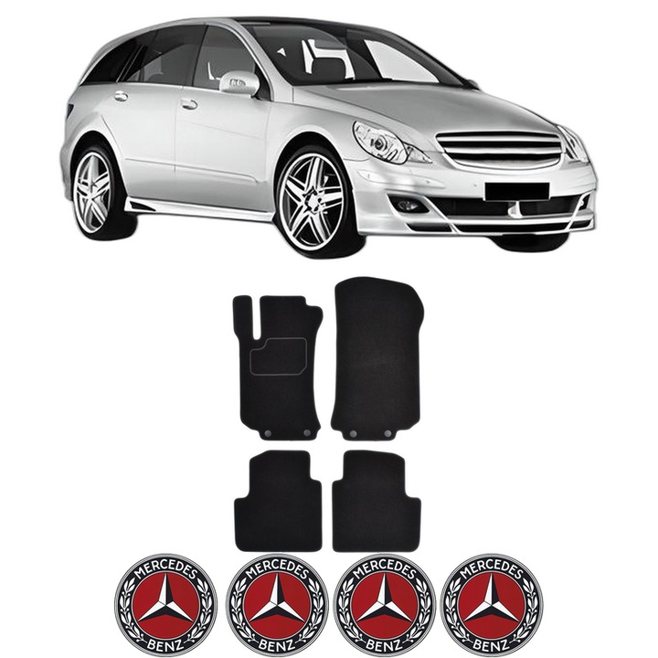 Set Covorase Presuri MERCEDES-BENZ R-CLASS (W251, V251) din 2005-2014, Auto, Material Textil Mocheta, 4 Stickere auto cu MERCEDES-BENZ